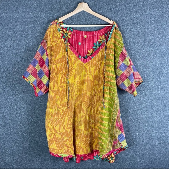 Kantha Bae Boho Hippie Quilted Floral Slouchy Above Knee Reversible Dress OS - Picture 5 of 11